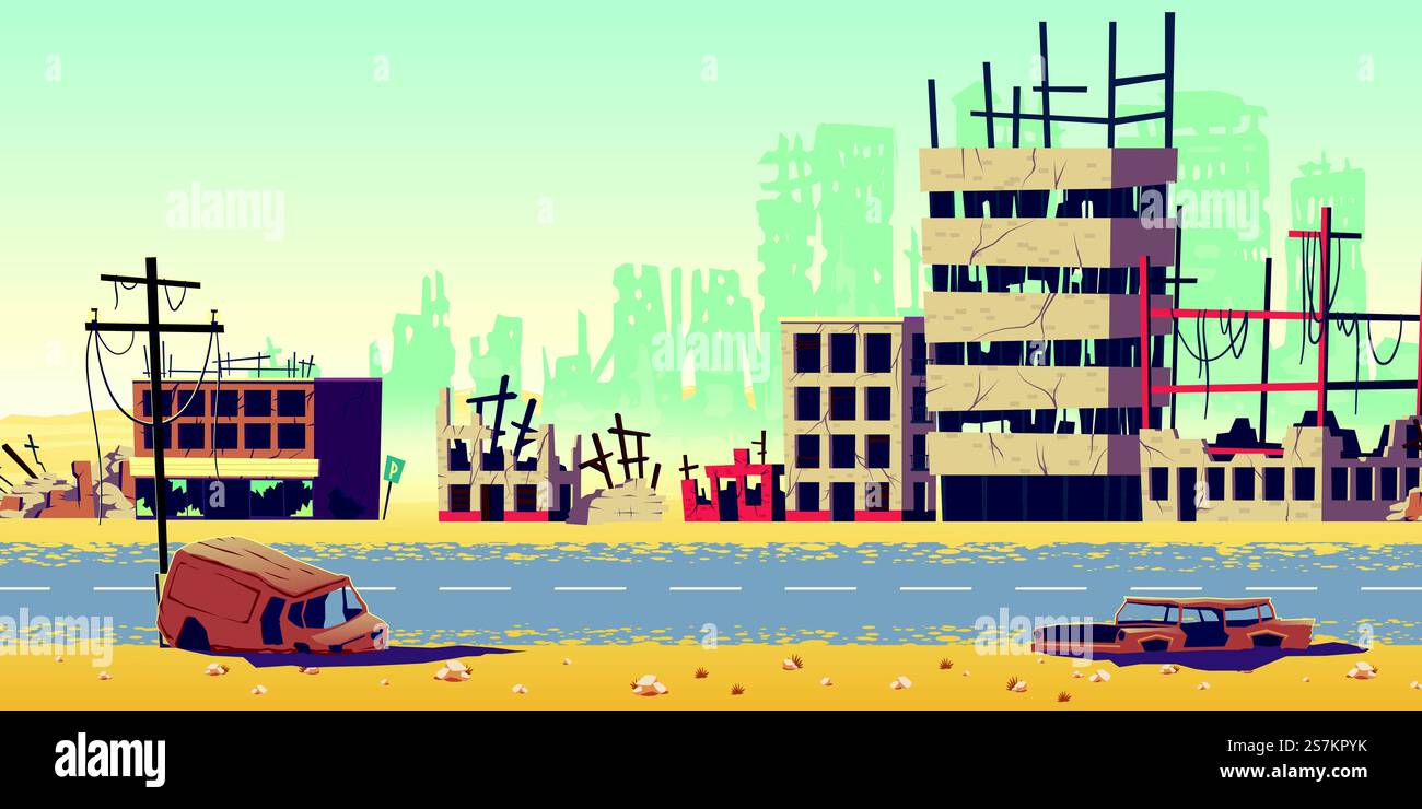 Destruction en zone de guerre, catastrophes naturelles ou conséquences du cataclysme, concept de vecteur de dessin animé mondial post-apocalyptique. Ruines de la ville avec des bâtiments détruits, abandonnés, voitures brûlées sur l'illustration des rues. Ville dans le fond de vecteur de dessin animé de zone de guerre Illustration de Vecteur