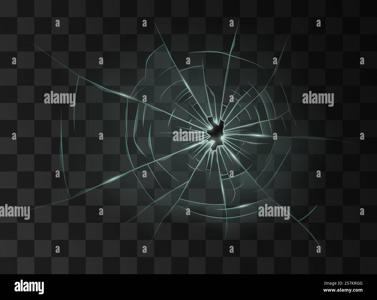 Verre brisé. Trou de destruction de texture de fenêtre fissuré dans le verre endommagé transparent sur fond à damier foncé. illustration vectorielle réaliste 3d. Verre brisé. Trou de destruction de texture de fenêtre fissuré dans le verre transparent endommagé Illustration de Vecteur