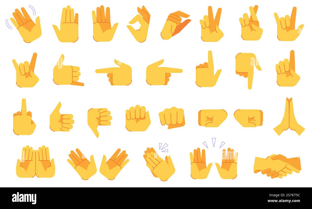 Gestes des mains emoji. Différents signaux et signes de mains, OK et victoire, paix et poignée de main, applaudissements, symboles de geste icônes vectorielles définies pour la communication ou le chat dans les réseaux sociaux. Gestes des mains emoji. Différents signaux et signes de mains, OK et victoire, paix et poignée de main, applaudissements, icônes vectorielles de symboles de geste définies Illustration de Vecteur