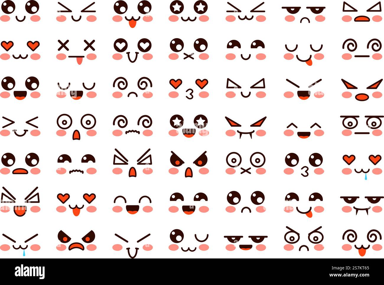 Visages de Kawaii. Émoticône de dessin animé mignon avec différentes émotions. Emoji japonais drôle avec les yeux et la bouche, expressions comiques vecteur personnages anime portrait isolé ensemble. Visages de Kawaii. Émoticône de dessin animé mignon avec différentes émotions. Emoji japonais drôle avec les yeux et la bouche, caractères vectoriels d'expressions comiques Illustration de Vecteur