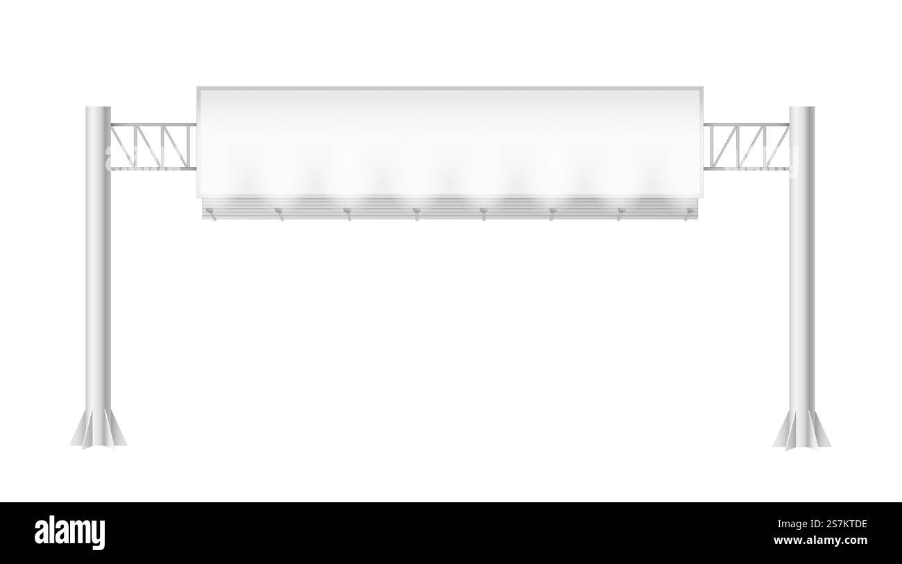 Panneau d'affichage horizontal pour la publicité sur la route. Modèle bannière blanche à travers l'autoroute isolé sur fond blanc. Maquette de panneau d'affichage. illustration vectorielle 3d. Panneau d'affichage horizontal pour la publicité sur la route. Modèle bannière blanche à travers l'autoroute Illustration de Vecteur