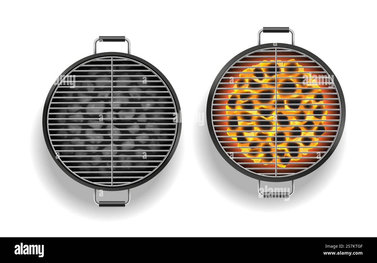 Vue de dessus du barbecue ouvert gril vide et avec la flamme des charbons brûlants. Appareil pour la cuisson de viande en plein air et pique-nique. Illustration vectorielle réaliste. Vue de dessus du barbecue ouvert gril vide et avec la flamme des charbons brûlants. Appareil pour la cuisson en plein air Illustration de Vecteur