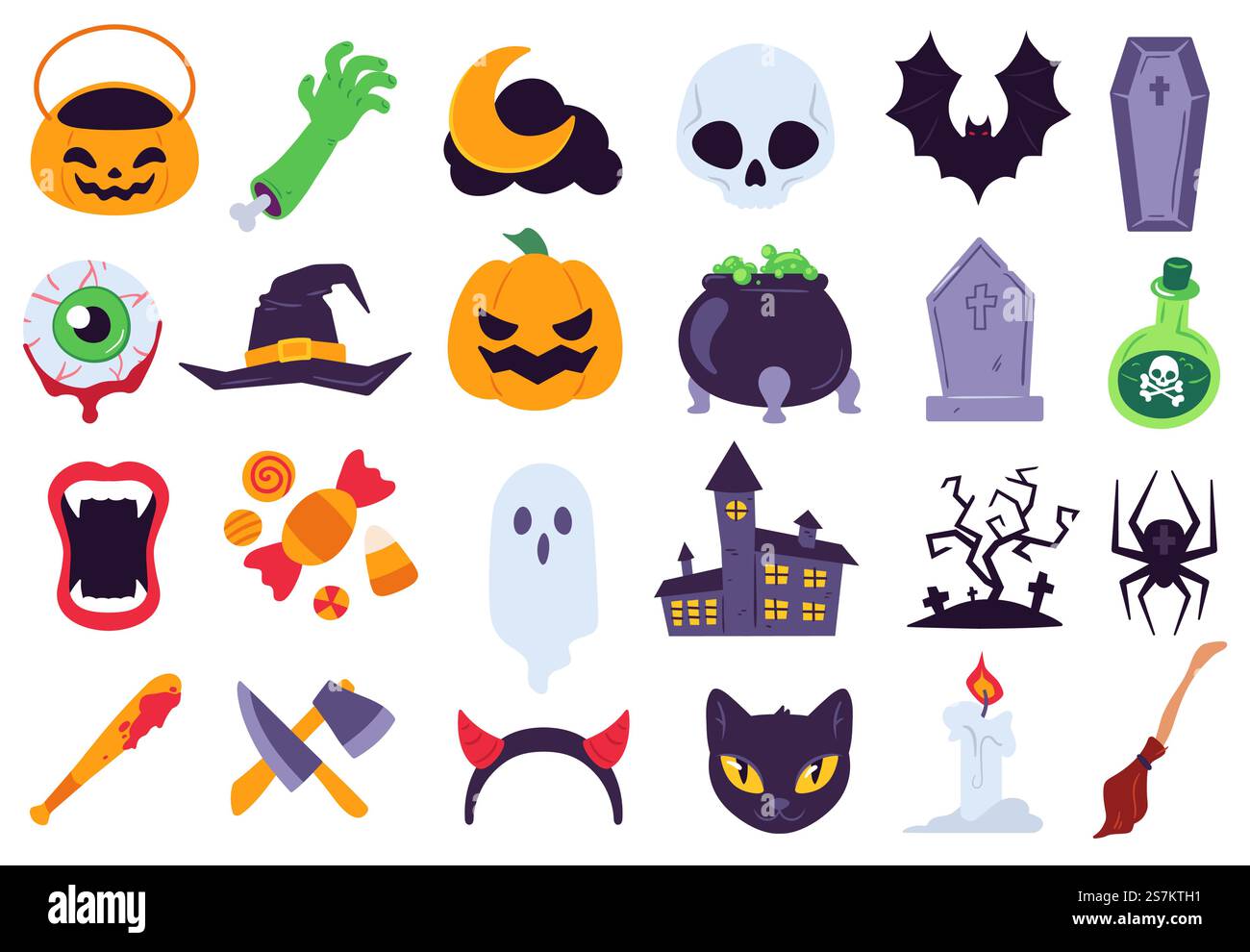 Icônes d'Halloween. Symboles de vacances, lune et araignée, citrouille, fantôme et chauve-souris. Bonbons, crâne et pierre tombale, bougie, ensemble vecteur plat de balai. Décoration effrayante pour l'événement d'horreur comme couteau, chauve-souris avec du sang. Icônes d'Halloween. Symboles de vacances, lune et araignée, citrouille, fantôme et chauve-souris. Bonbons, crâne et pierre tombale, bougie, balai vecteur plat se Illustration de Vecteur