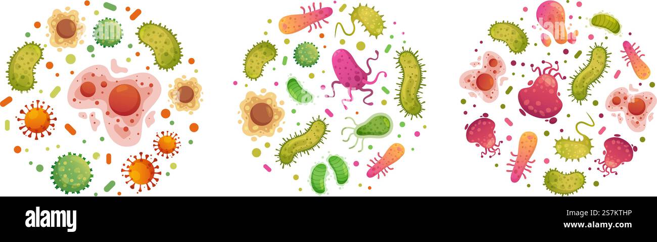 Bactéries et germes en cercle. Bactéries, cellules pathologiques et germes en cadre rond. Ensemble d'illustrations vectorielles de dessins animés de maladies humaines. Biologie bactérienne, virus bactérien, infection par micro-organismes. Bactéries et germes en cercle. Bactéries, cellules pathologiques et germes en cadre rond. Ensemble d'illustrations vectorielles de dessins animés de maladies humaines Illustration de Vecteur