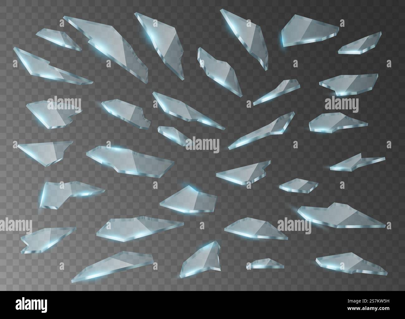 Éclats de verre brisés, fragments d'explosion fissurés réalistes. Morceaux de verre fissuré avec des bords tranchants sur fond transparent. illustration vectorielle 3d. Éclats de verre brisés, fragments d'explosion fissurés réalistes. Morceaux de verre avec des bords tranchants Illustration de Vecteur