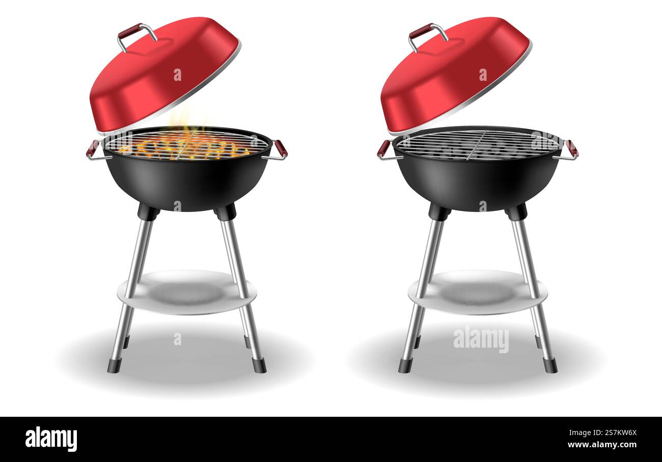 Barbecue rond, barbecue au charbon de bois vide et avec flamme brûlante, feu et charbons chauds. Grille de barbecue en métal moderne pour la cuisson. Illustration vectorielle réaliste. Barbecue rond, barbecue au charbon de bois vide et avec flamme brûlante, feu et charbons chauds Illustration de Vecteur