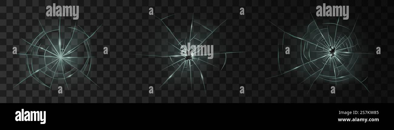 Verre fissuré. Fenêtre cassée, surface vitreuse brisée et texture de verre de pare-brise cassé ensemble 3D réaliste ou icônes sur fond transparent. Illustration vectorielle. Verre fissuré. Vitre cassée, surface vitreuse brisée et texture de verre brisée de pare-brise 3d set Illustration de Vecteur