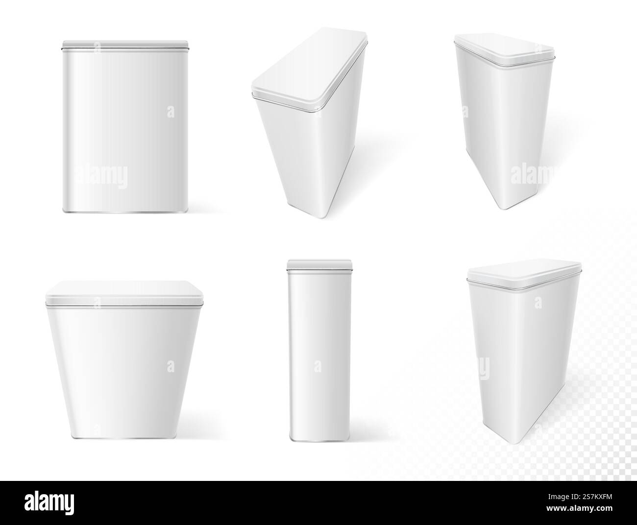 Récipients métalliques pour le stockage de produits secs. Boîtes blanches avec couvercles maquettes ensemble de modèle avec des ombres sur fond blanc isolé. Illustration vectorielle réaliste. Récipients métalliques pour le stockage de produits secs. Modèles de maquettes de boîtes blanches avec couvercles Illustration de Vecteur