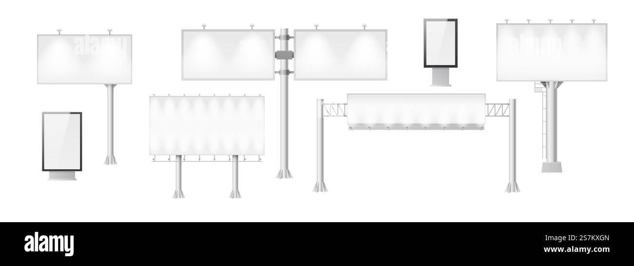 Ensemble de maquette de panneaux d'affichage avec des bannières blanches de modèle pour la publicité extérieure sur la rue. affiches 3d, pancartes et affichages publicitaires avec lumière pour la promotion. Illustration vectorielle. Ensemble de maquette de panneaux d'affichage avec des bannières blanches de modèle pour la publicité extérieure sur la rue Illustration de Vecteur