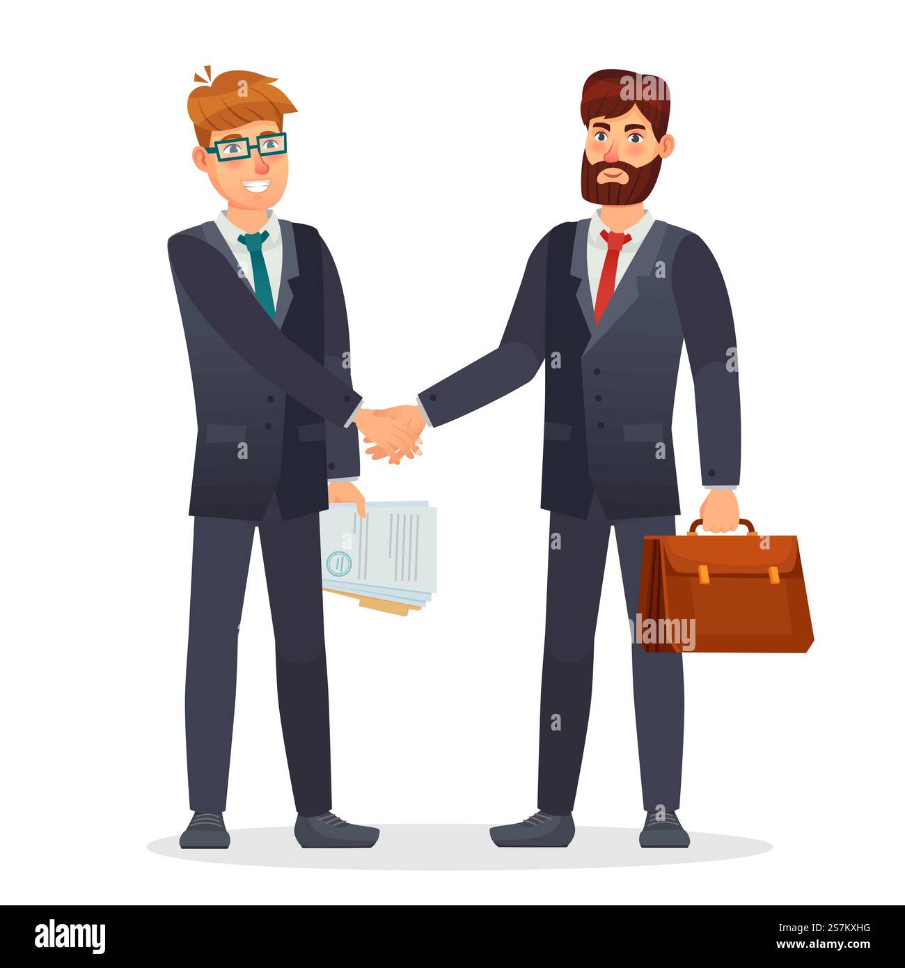 Des gens d'affaires se serrant la main. Partenaires concluant un accord, ayant un contrat. Signature de document pour investissement monétaire. Réunion d'affaires. Personnages tenant porte-documents et illustration vectorielle de documents. Des gens d'affaires se serrant la main. Partenaires concluant un accord, ayant un contrat. Travailleurs signant des documents Illustration de Vecteur