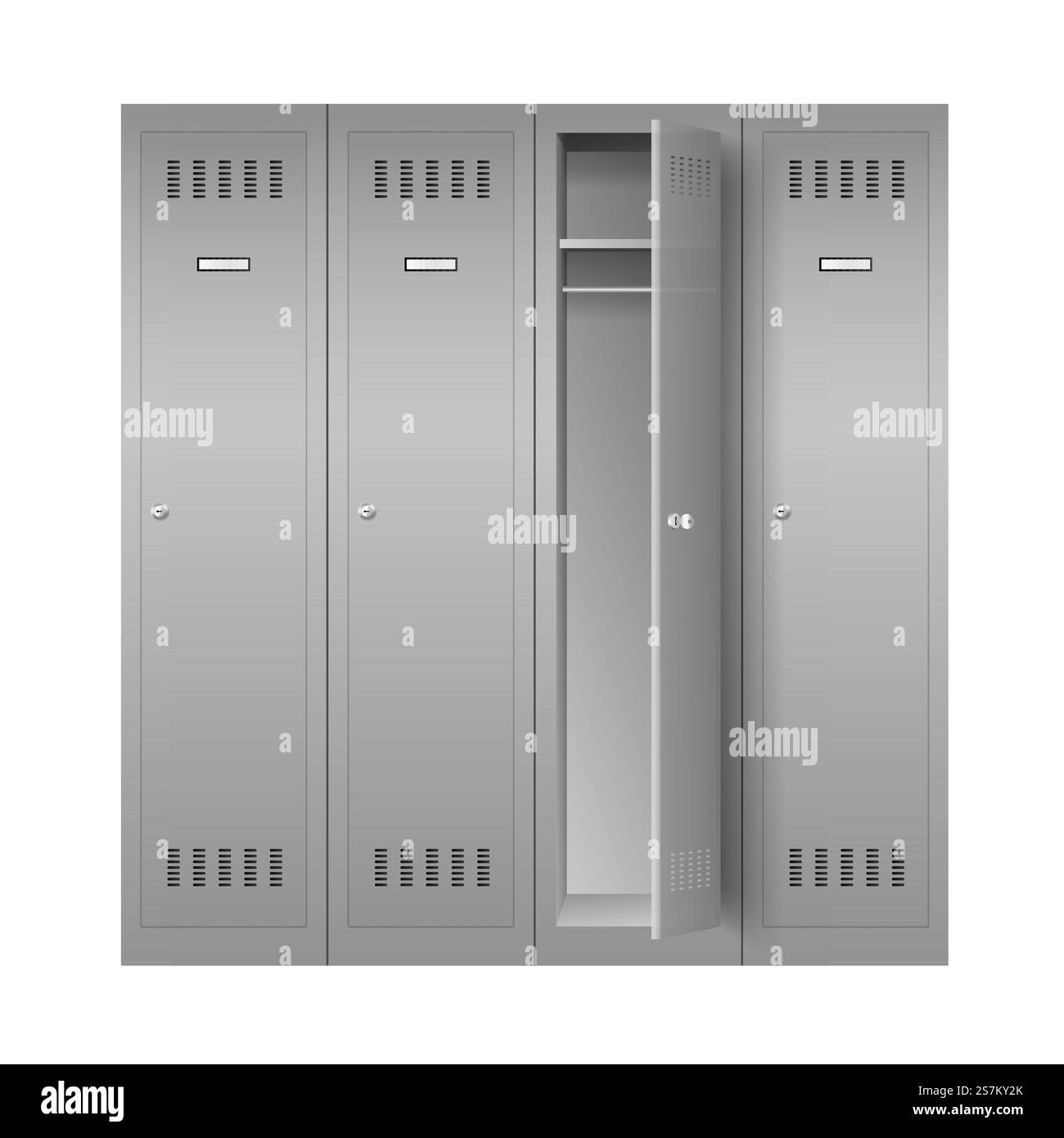 Casiers en acier, ensemble d'armoires métalliques réalistes pour vestiaire d'école ou de gymnastique. Rangée de meubles de rangement gris avec portes fermées et ouvertes sur fond blanc. illustration vectorielle 3d. Casiers en acier, ensemble d'armoires métalliques réalistes pour vestiaire d'école ou de gymnastique Illustration de Vecteur