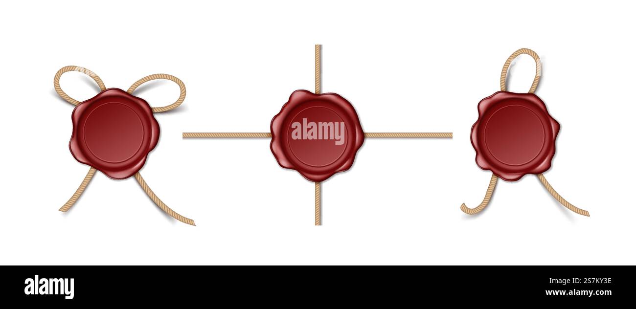 Timbres postaux rouges ou sceaux de cire avec corde. Cachet ou étiquette de qualité de certificat rétro pour la confidentialité des documents. 3d vieux timbres de cire réalistes pour la garantie. Illustration vectorielle. Timbres postaux rouges ou sceaux de cire avec corde. Cachet de qualité de certificat rétro ou étiquette pour le document Illustration de Vecteur