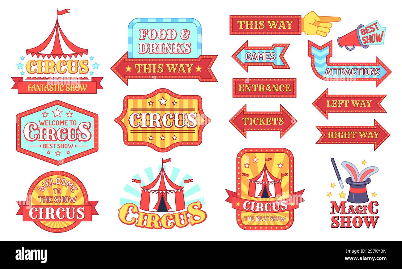 Étiquettes de cirque. Carnaval et cirque montrent des badges d'invitation, panneau de festival de divertissement avec du texte, ensemble vectoriel de dessin animé d'étiquettes vintage d'événements. Nourriture et boissons, billets, flèches d'entrée. Signe de spectacle magique. Étiquettes de cirque. Carnaval et cirque montrent des badges d'invitation, panneau de festival de divertissement avec du texte, ensemble vectoriel de dessin animé d'étiquettes vintage d'événements Illustration de Vecteur