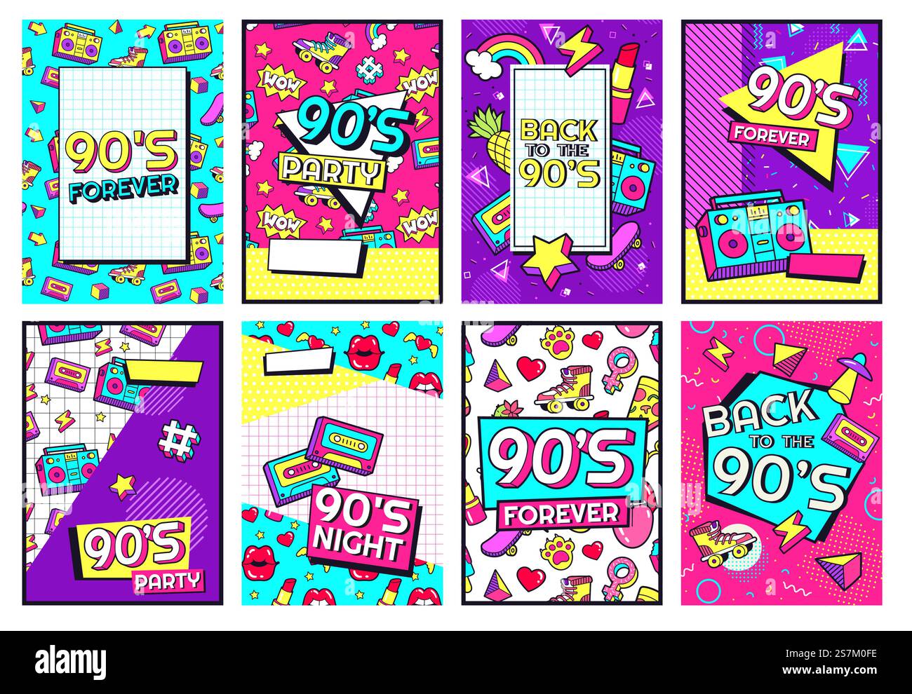 Affiche rétro des années 90. Nineties Forever, affiches de soirée de musique funky des années 1990 et ensemble de vecteur de carte de flyer pop. invitation de divertissement de modèle des années 1990 avec cassette et illustration de modèle de memphis. Affiche rétro des années 90. Nineties Forever, affiches de soirée de musique funky des années 1990 et ensemble de vecteur de carte de flyer pop Illustration de Vecteur