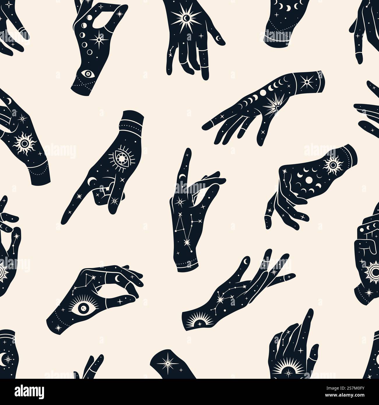 Vecteur modèle sans couture de mains avec des signes yeux magiques, constellations, soleil, phases de lune et étoiles. Fond mystique ésotérique tendance pour la conception de tissu, emballage, étui de téléphone, couvertures de carnet, astrologie, papier d'emballage. Illustration de Vecteur