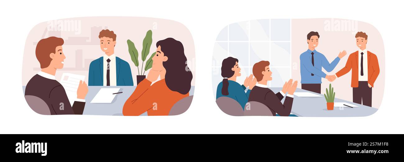 Entretien d'embauche. Le candidat assis au bureau avec le spécialiste des RH. Bureau embaucher un nouvel employé. Poignée de main ouvrière avec le patron. Concept de vecteur de promotion. Collègues accueillant le caractère masculin. Processus de recrutement. Entretien d'embauche. Le candidat assis au bureau avec le spécialiste des RH. Bureau embaucher un nouvel employé. Poignée de main ouvrière avec le patron. Concept de vecteur de promotion Illustration de Vecteur