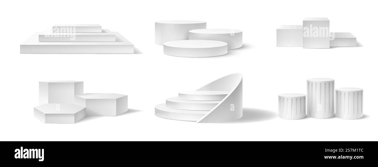 Podium gagnant réaliste. Piédestaux vides de différentes formes pour la première, deuxième et troisième place de la compétition sportive de cérémonie de remise des prix ensemble de vecteurs. Plate-forme 3D blanche avec escaliers pour divers événements. Podium gagnant réaliste. Piédestaux vides de différentes formes pour la première, deuxième et troisième place de la compétition sportive de cérémonie de remise des prix ensemble de vecteurs Illustration de Vecteur