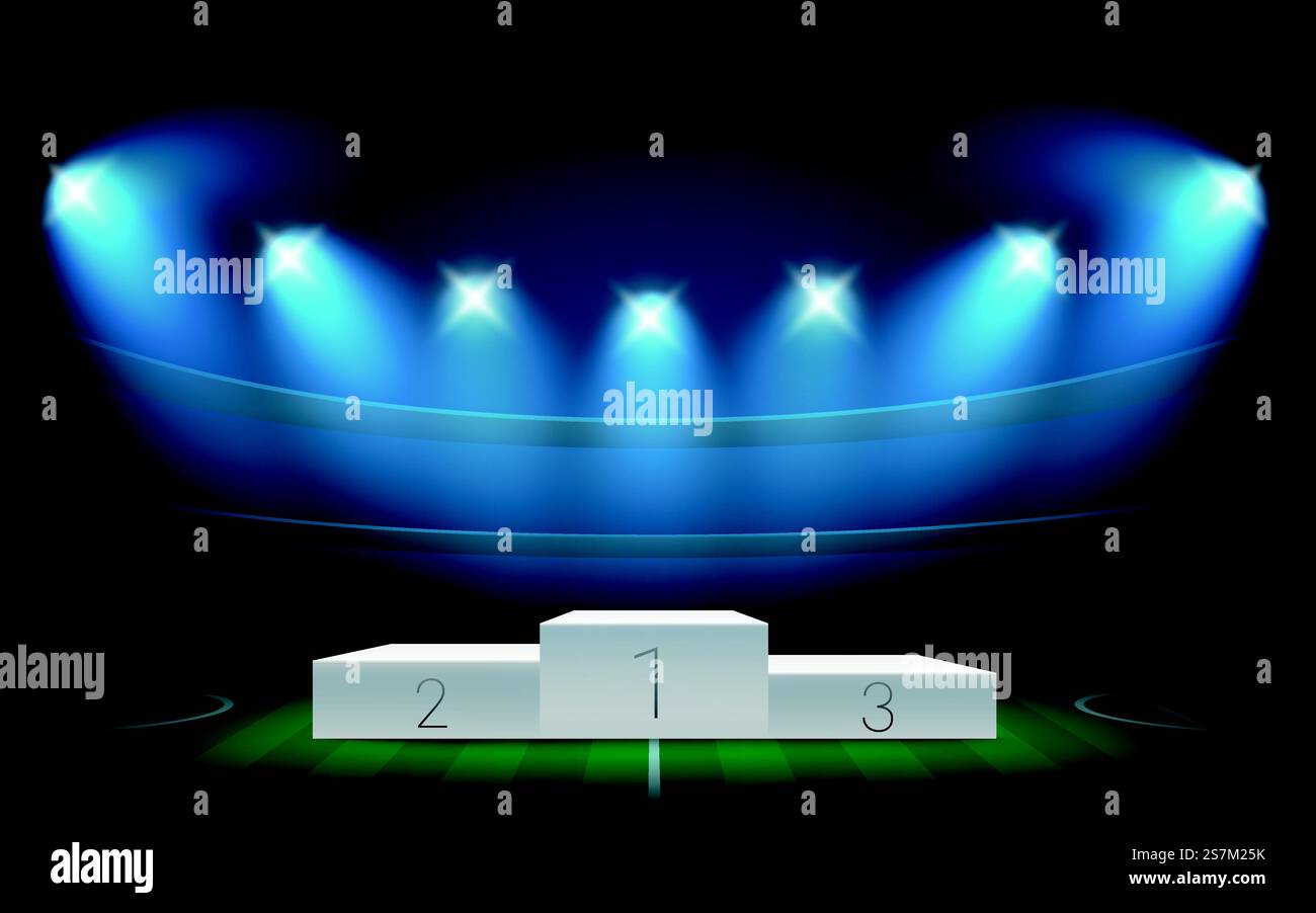 Podium sportif illuminé blanc. Arène de football éclairée par des spots Illustration de Vecteur