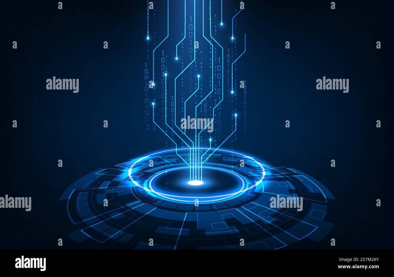 Carte de circuit imprimé de fond de processeur de puce de technologie abstraite et code html, vecteur de fond de technologie bleue d'illustration 3D. Illustration de Vecteur