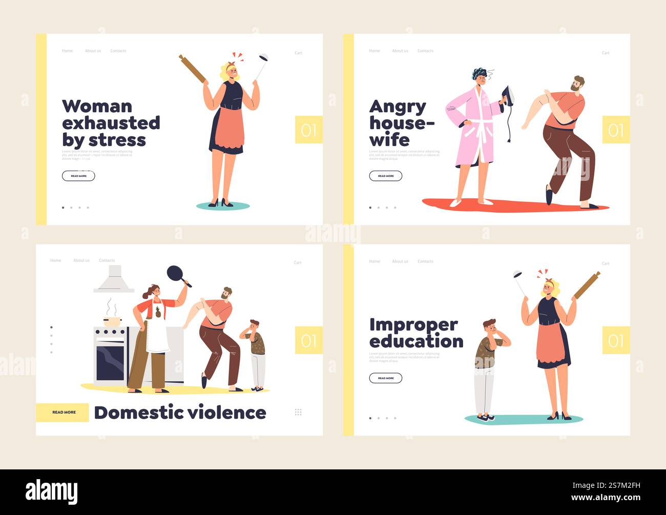 Violence domestique et enfants à la maison concept de harcèlement d'ensemble de pages d'atterrissage avec femme et mari se disputant, mère en colère criant sur enfant. Arrêtez l'intimidation familiale. Illustration vectorielle plate de dessin animé. Violence domestique, harcèlement des enfants à la maison concept d'ensemble de page d'atterrissage avec femme et mari se disputant Illustration de Vecteur