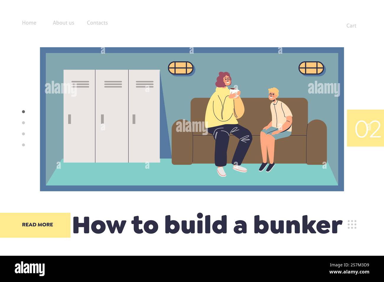 Construire le concept de bunker de la page d'atterrissage avec la mère et le fils dans la salle de sécurité espace d'abri sécurisé souterrain. Famille protégée profondément dans la cave sous la maison. Illustration vectorielle plate de dessin animé. Construire le concept de bunker de la page d'atterrissage avec la mère et le fils dans la salle de sécurité espace d'abri sécurisé souterrain Illustration de Vecteur