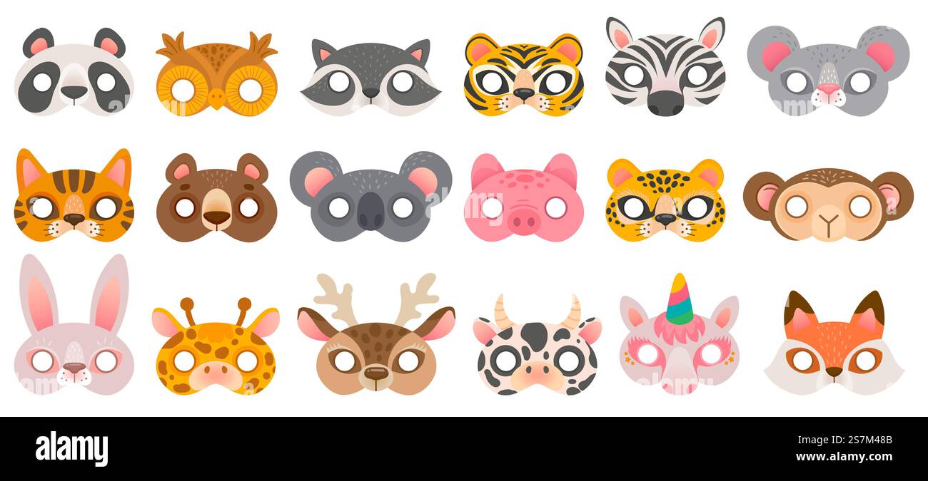Masque pour animaux. Accessoires de cabine photo, ours panda et zèbre, tigre et cochon, koala et vache, licorne et singe, ensemble vectoriel de masques de zoo de carnaval hibou. Carnaval de cabine d'illustration, costume d'accessoires de dessin animé. Masque pour animaux. Accessoires de cabine photo, ours panda et zèbre, tigre et cochon, koala et vache, licorne et singe, ensemble vectoriel de masques de zoo de carnaval hibou Illustration de Vecteur