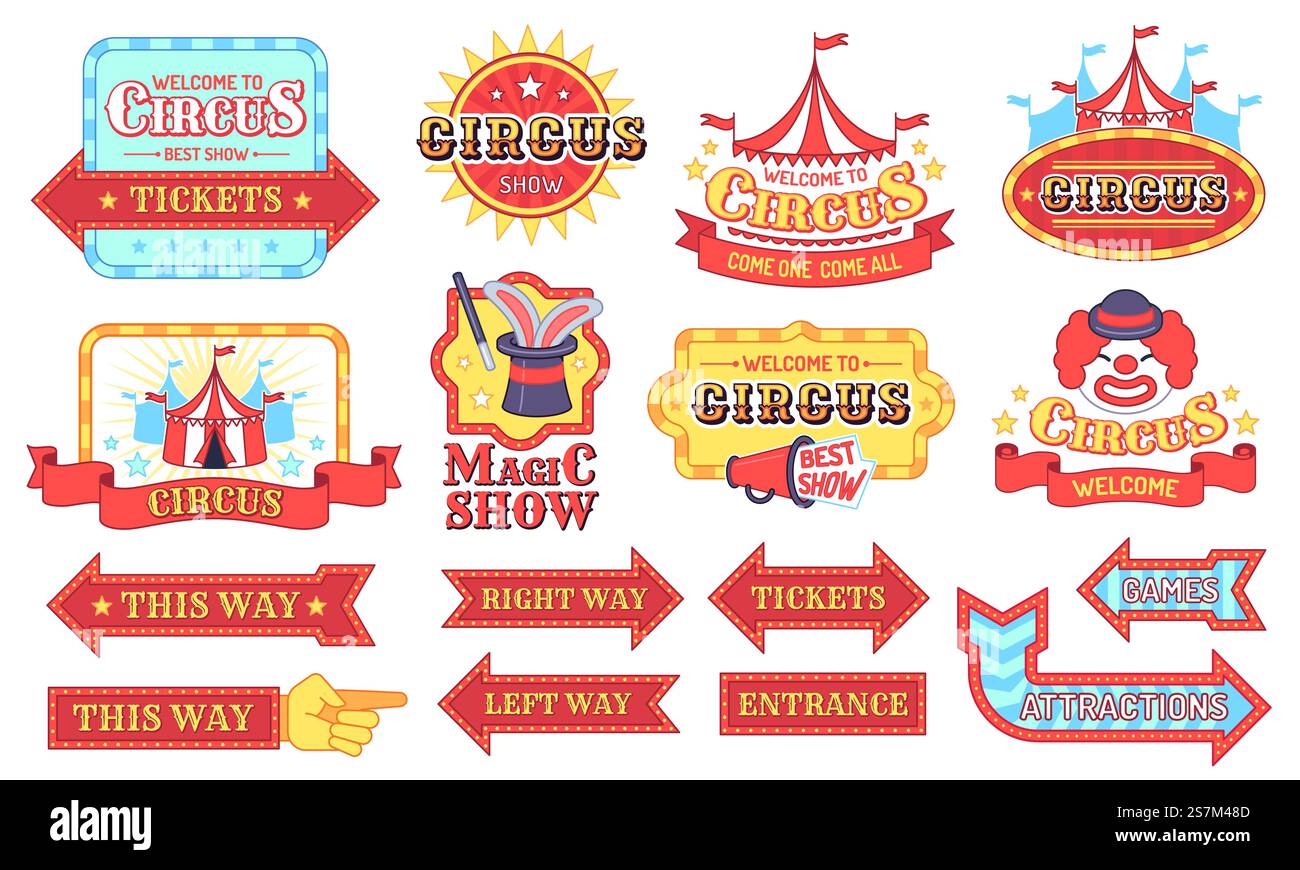 Étiquettes de cirque vintage. Panneaux d'exposition de bienvenue, étiquettes d'invitation de carnaval, autocollant de flèches de fête magique, tente de cirque et annonce signe ensemble de vecteur plat. Cirque carnaval vintage, illustration de chapiteau festival cadre. Étiquettes de cirque vintage. Panneaux d'exposition de bienvenue, étiquettes d'invitation de carnaval, autocollants de flèches magiques de fête, tente de cirque et annonce signe ensemble de vecteur plat Illustration de Vecteur