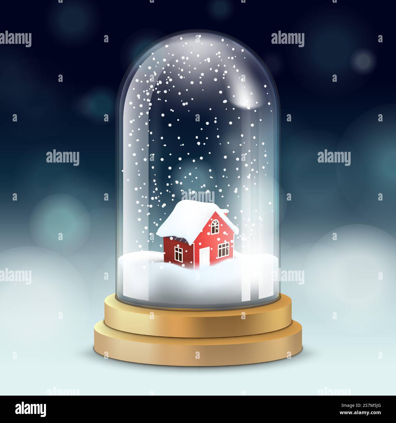 Flacon en cristal en verre, boule de neige avec maison enneigée, neige tombante, décorations réalistes de noël de vacances, illustration vectorielle. Boule de cristal réaliste ou grande fiole avec de la neige à l'intérieur et rouge petite maison confortable - symbole de Noël, vecteur. Illustration de Vecteur