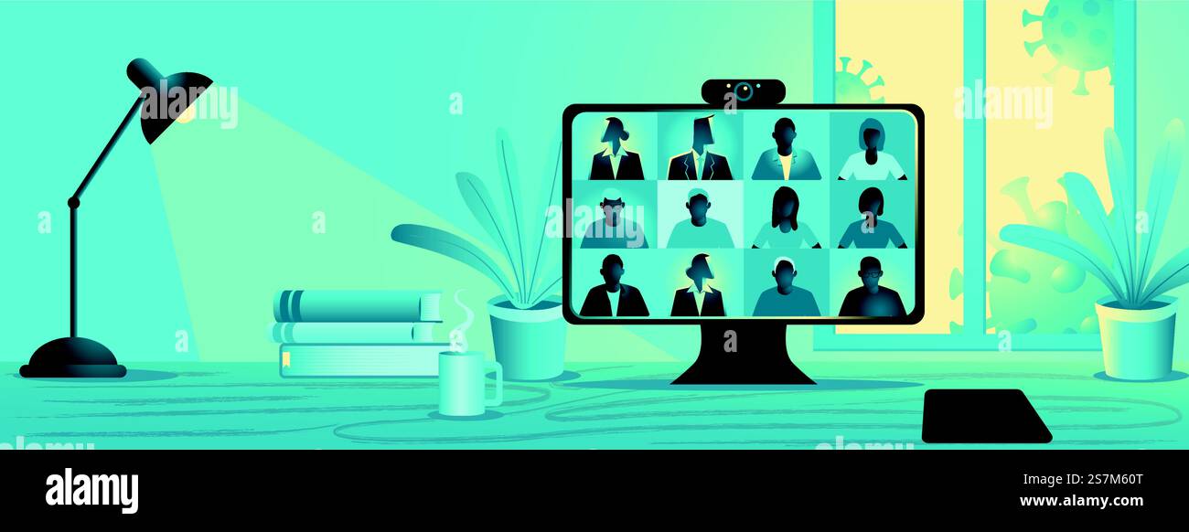 Restez et travaillez à domicile pendant la pandémie, illustration vectorielle de vidéo conférence. Écran d'ordinateur, groupe de personnes parlant via Internet Illustration de Vecteur