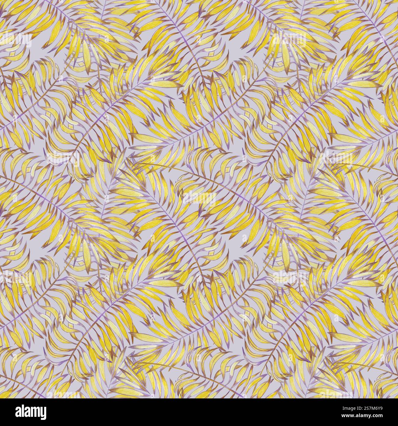 Motif aquarelle sans couture peint à la main avec des feuilles de palmier jaune vif avec des accents violets sur un fond gris clair. Parfait pour tissu, wallp Banque D'Images