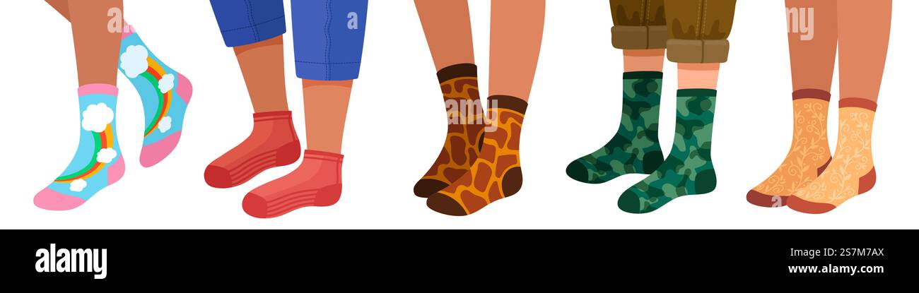 Jambes en chaussettes. Jambe femme et homme en paires de chaussettes tendance avec motif et texture. Feets féminins de dessin animé plats dans un ensemble vectoriel élégant de chaussettes chaudes. Illustration homme femme jambe en chaussettes à la mode. Jambes en chaussettes. Jambe femme et homme en paires de chaussettes tendance avec motif et texture. Feets féminins de dessin animé plats dans un ensemble vectoriel élégant de chaussettes chaudes Illustration de Vecteur