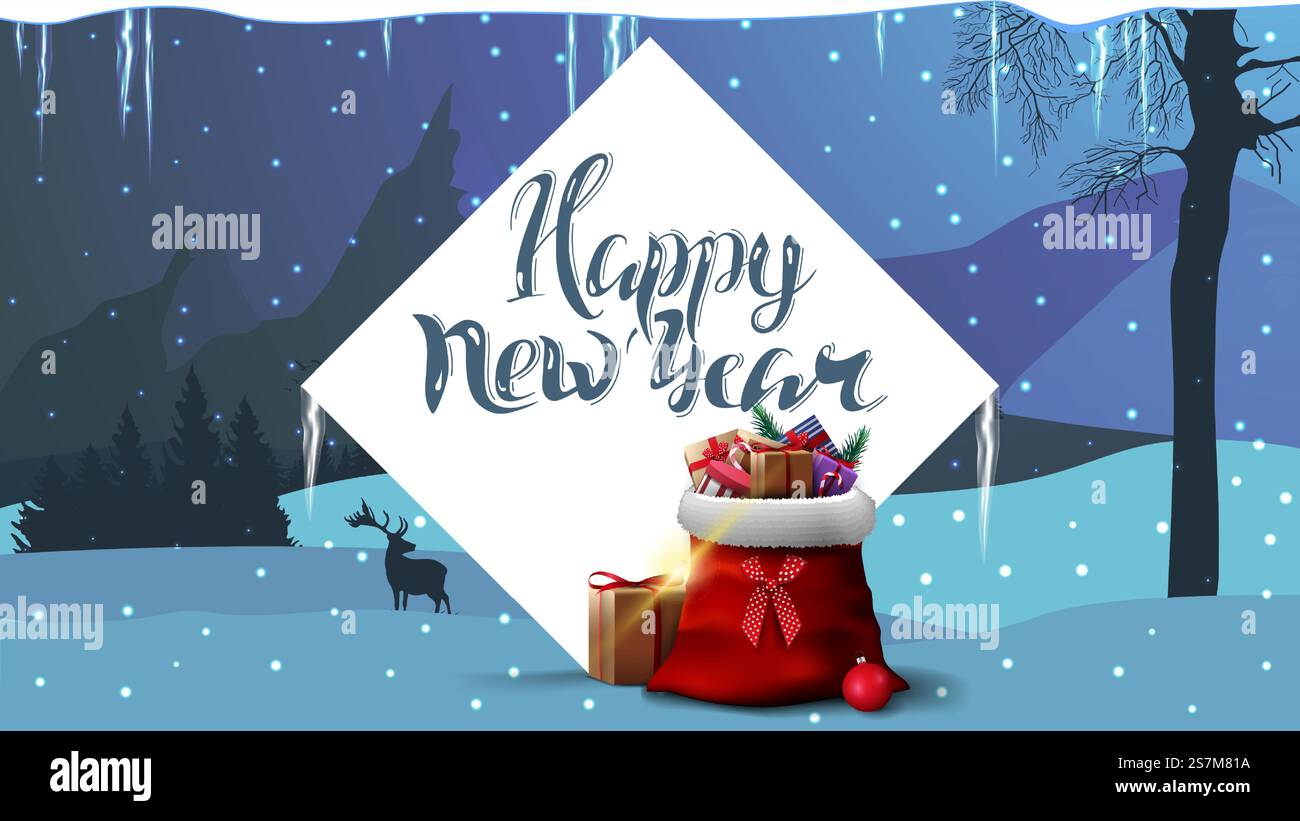 Bonne année, carte postale bleue avec grand diamant blanc, sac du Père Noël avec cadeaux et paysage d'hiver sur fond de montagnes Illustration de Vecteur