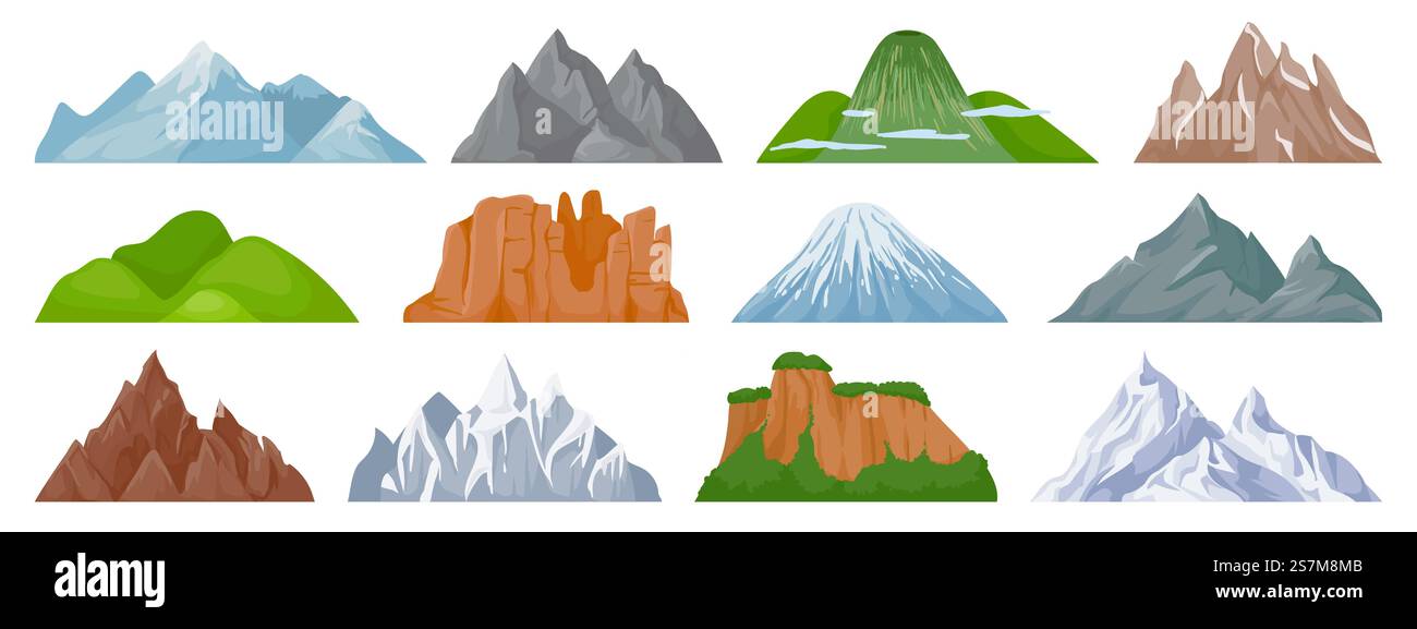 Montagnes de dessins animés. Pic de montagne enneigé, colline, iceberg, falaise d'escalade de monts rocheux. Ensemble vectoriel d'éléments de carte de randonnée touristique et de paysage. Paysage de colline, pic de montagne en plein air à l'illustration de randonnée. Montagnes de dessins animés. Sommet de montagne enneigé, colline, iceberg, monture rocheuse et falaise d'escalade. Ensemble vectoriel d'éléments de carte de randonnée touristique et de paysage Illustration de Vecteur