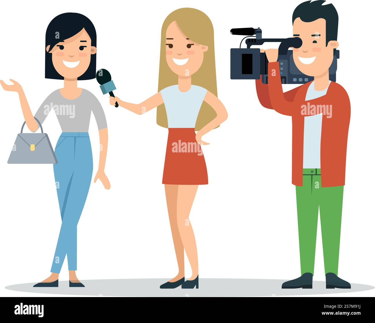 Interview plate de célébrité célèbre illustration vectorielle populaire de femme. Femme journaliste correspondant avec microphone, opérateur supprime la vidéo du caméscope. Chaîne de télévision médias presse nouvelles Illustration de Vecteur