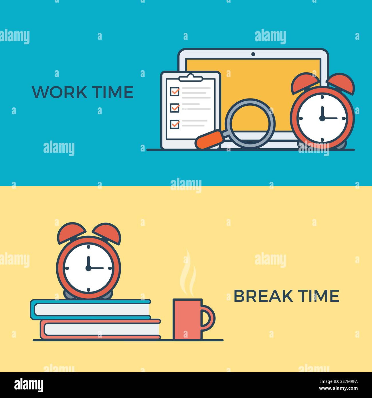 Travail plat linéaire et gestion du temps de pause infographie modèle de site Web bannière icônes illustration vectorielle. Concept commercial. Réveil, livres, ordinateur portable, liste de contrôle, loupe de recherche Illustration de Vecteur Travail plat linéaire et gestion du temps de pause infographie modèle de site Web bannière icônes illustration vectorielle. Concept commercial. Réveil, livres, ordinateur portable, liste de contrôle, loupe de recherche Illustration de Vecteur