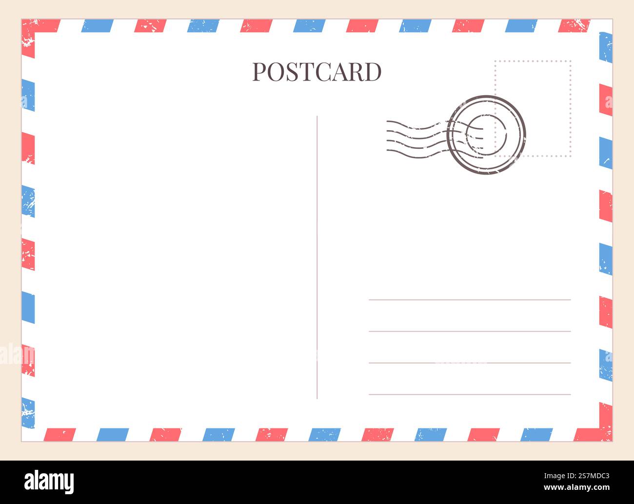 Modèle de carte postale. Verso de carte postale vierge en papier avec tampon et cadre rayé. Lettre blanche de courrier vintage vide pour maquette de vecteur de message. Lignes pour les messages texte, la correspondance par courrier. Modèle de carte postale. Verso de carte postale vierge en papier avec tampon et cadre rayé. Lettre blanche de courrier vintage vide pour maquette de vecteur de message Illustration de Vecteur