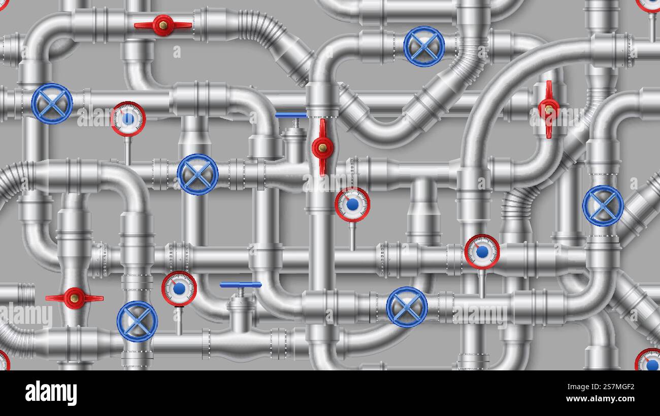 Structure de pipeline industriel. Tuyaux d'eau en acier, tuyau en métal avec illustration de fond vectorielle sans couture de valve. Toile de fond moderne avec conduits entrelacés pour l'approvisionnement en eau, le drainage, le système de plomberie.. Structure de pipeline industriel. Tuyaux d'eau en acier, tuyau en métal avec illustration de fond vectorielle sans couture de valve Illustration de Vecteur