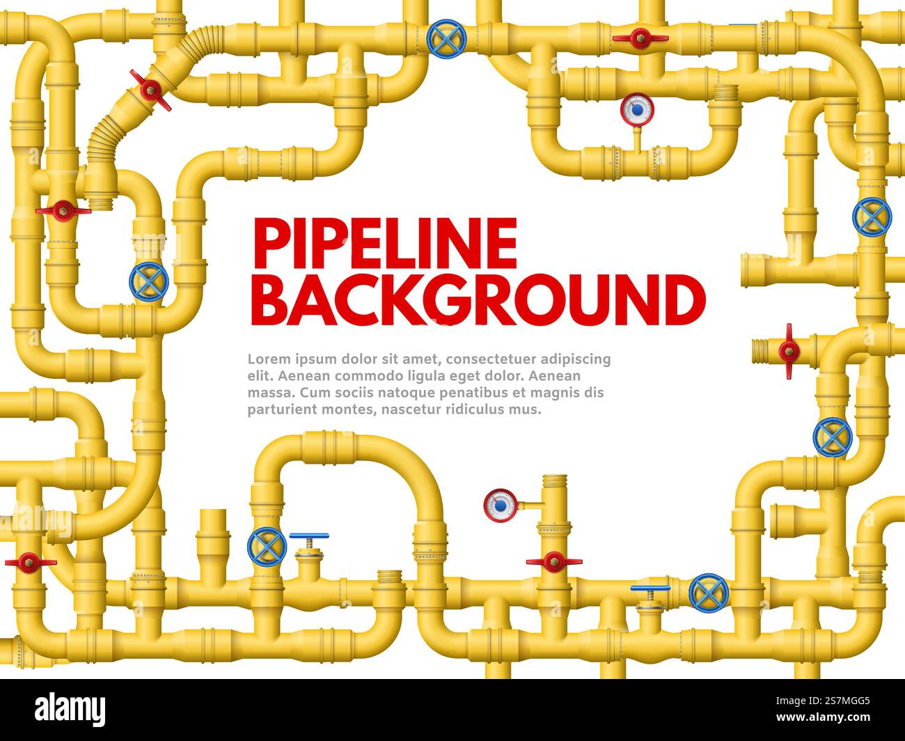 Pipeline jaune industriel. Cadre de pipeline, tuyaux jaunes pour illustration de fond de vecteur de gaz ou de pétrole. Modèle de conception de bannière ou d'affiche avec bordure faite de conduits connectés, vannes, manomètres.. Pipeline jaune industriel. Cadre de pipeline, tuyaux jaunes pour illustration de fond de vecteur de gaz ou de pétrole Illustration de Vecteur