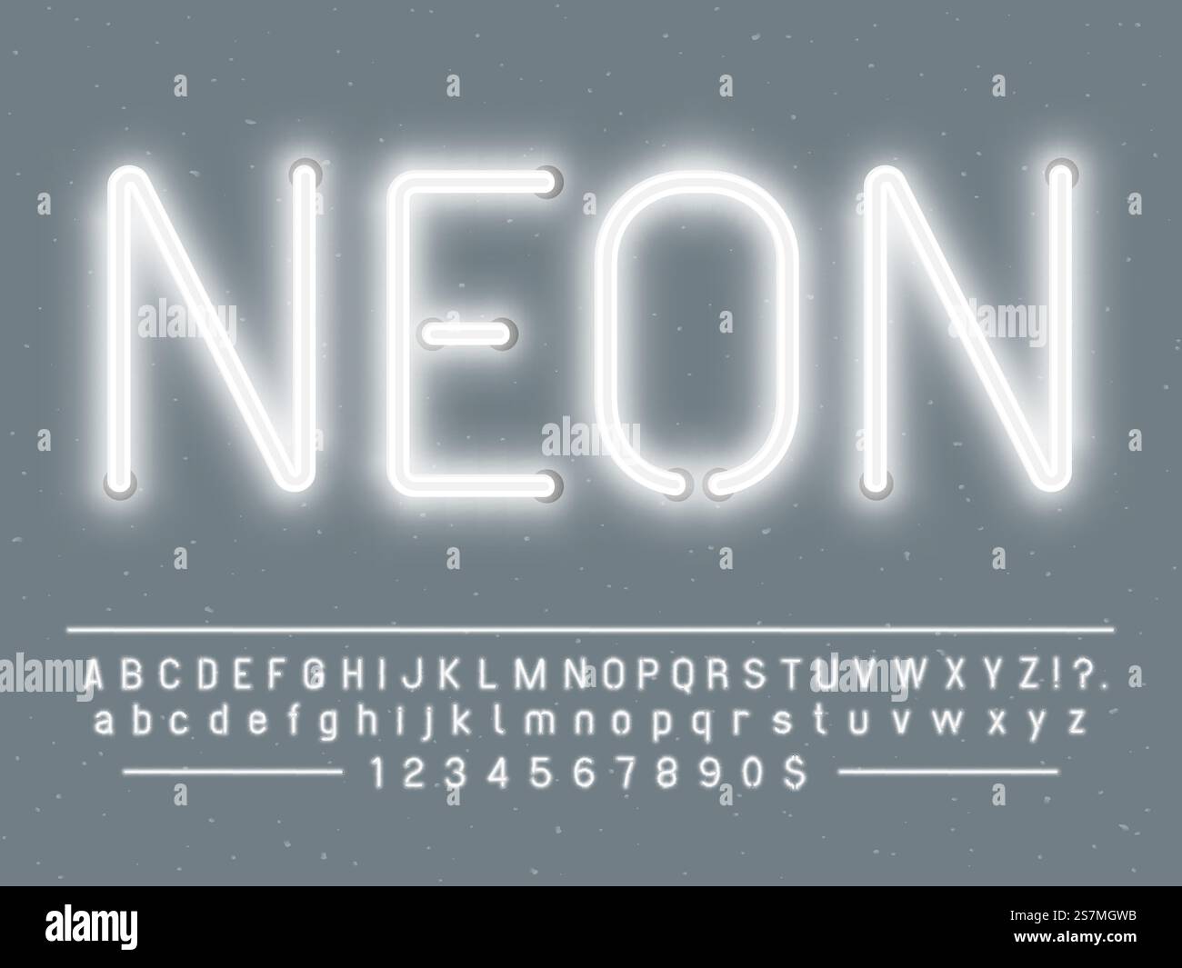 Caractères d'enseigne au néon blanc brillant. Police vectorielle avec des lettres de texte d'alphabet d'effets de lumière réalistes luisants simples et modèle de lampes de chiffres sur fond gris. Caractères d'enseigne au néon blanc brillant. Police vectorielle avec des lettres de lumière luisante et des lampes de chiffres Illustration de Vecteur