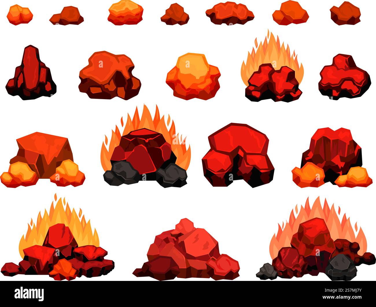 Dessin animé brûlant le feu de joie avec des morceaux de charbon de bois chauds pour barbecue. Pile de charbon de bois avec flamme pour grill ou bbq. Charbon rouge de chaleur pour le jeu de vecteur de four. Tas et morceaux en feu isolés sur blanc Illustration de Vecteur