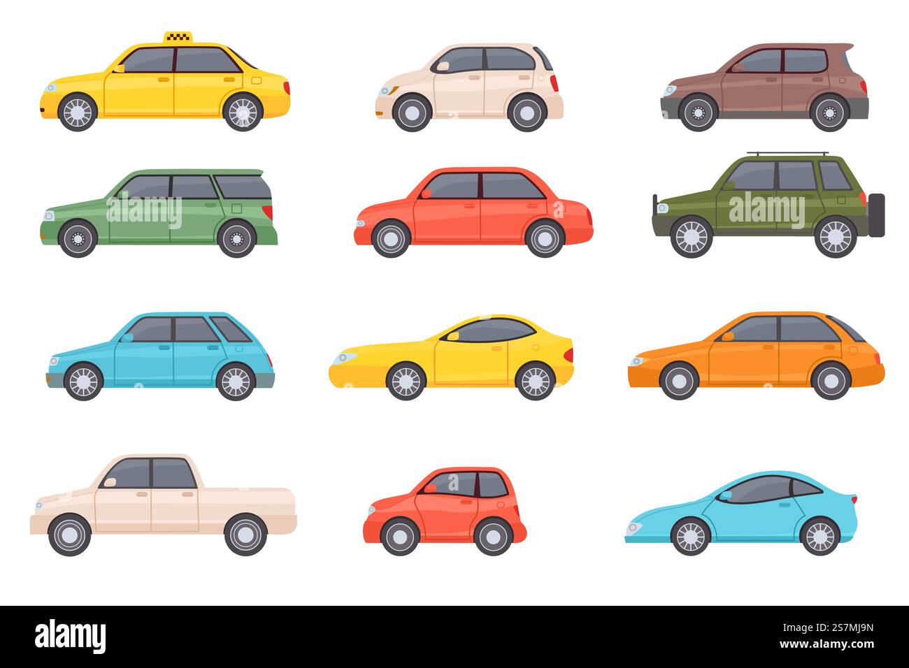 Voitures plates. Vue latérale d'un véhicule de dessin animé. Taxi, minifourgonnette, mini voiture, vus et camionnette. Icônes de transport automobile urbain. Ensemble de vecteurs de conception automobile. Objets de transport de ville isolés sur blanc. Voitures plates. Vue latérale d'un véhicule de dessin animé. Taxi, minifourgonnette, mini voiture, vus et camionnette. Icônes de transport automobile urbain. Ensemble de vecteurs de conception automobile Illustration de Vecteur