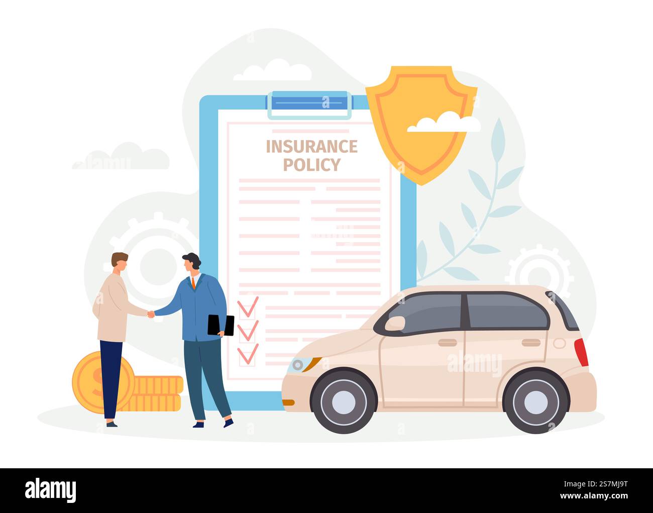 Police d'assurance automobile. Homme poignée de main avec l'agent. Contrat pour sécuriser et protéger l'automobile contre les catastrophes ou les accidents. Concept de vecteur de garantie. Accord pour l'entretien du véhicule endommagé, accord. Police d'assurance automobile. Homme poignée de main avec l'agent. Contrat pour sécuriser et protéger l'automobile contre les catastrophes ou les accidents. Concept de vecteur de garantie Illustration de Vecteur