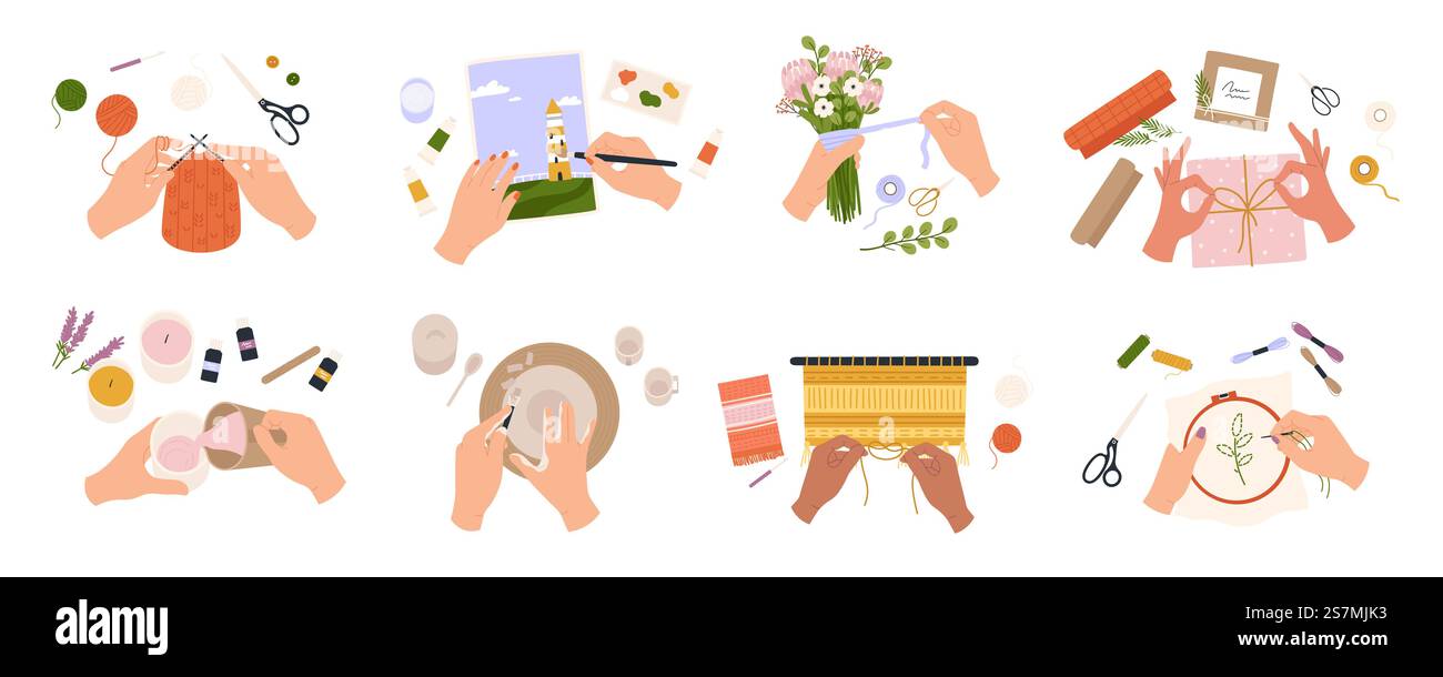 Les mains créent des objets artisanaux. Hobbies faits à la main, travail créatif et optimisé Les gens tricotent, dessinent, brodent, font des bougies et des bouquets, ensemble de vecteur de vue de dessus. Illustration travail créatif, fait à la main Les mains créent des objets artisanaux. Hobbies faits à la main, travail créatif et optimisé Les gens tricotent, dessinent, brodent, font des bougies et des bouquets, ensemble de vecteur de vue de dessus Illustration de Vecteur