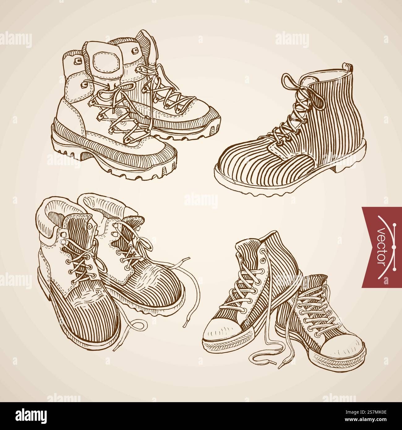 Gravure vintage dessiné à la main vecteur laçage chaussures de sport et bottes d'hiver doodle collage. Esquissez une illustration de mode rétro. Illustration de Vecteur