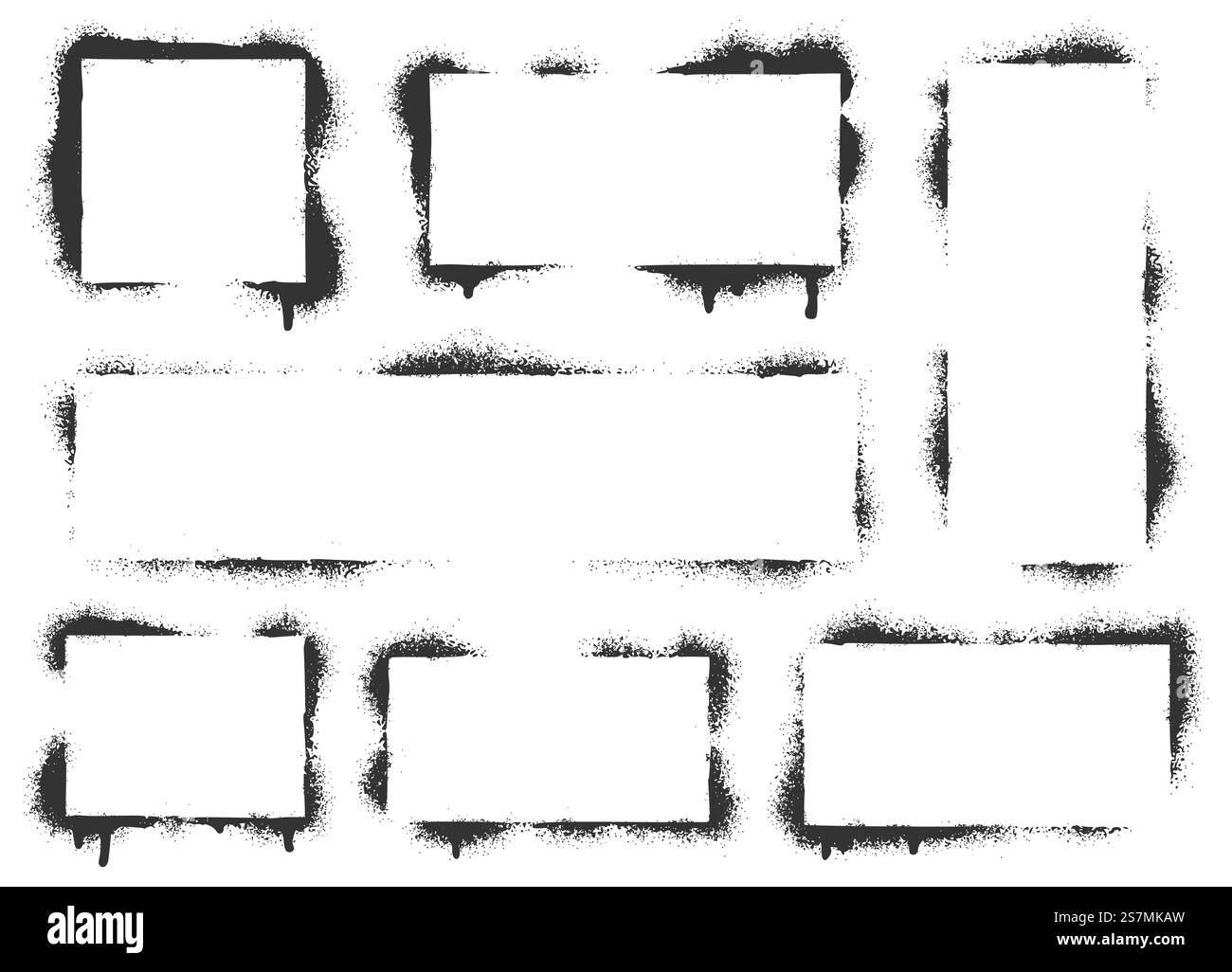 Peinture au pistolet pour cadres de pochoir graffiti. Bannière de peinture à l'aérographe noire, toile de fond de pochoir et bordures de texture de peinture au pistolet. Bordure de pochoir rectangulaire abstraite avec éclaboussure de pinceau. Icônes vectorielles isolées définies. Peinture au pistolet pour cadres de pochoir graffiti. Bannière noire de peinture à l'aérographe, fond de pochoir et ensemble de vecteurs de bordures de texture de peinture au pistolet Illustration de Vecteur
