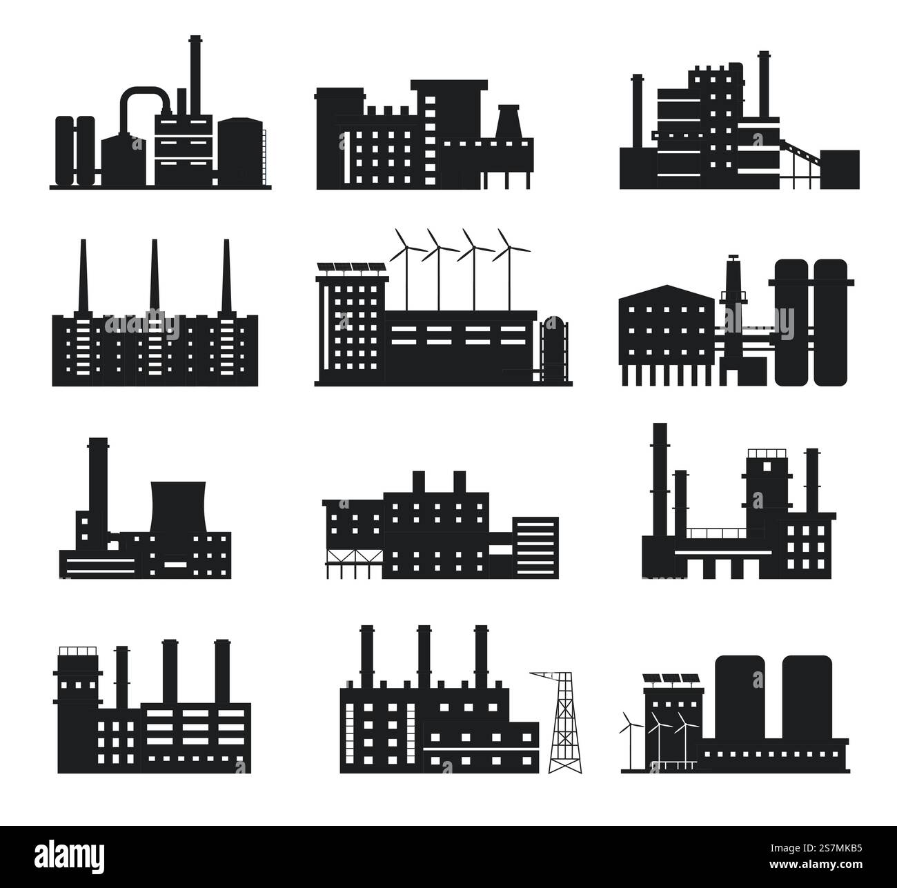 Silhouette d'usine. Icônes de bâtiments industriels. Usine de fabrication et centrale électrique avec cheminées, moulins à vent et panneaux solaires ensemble de vecteur de logo. Sources d'énergie alternatives équipement et entreprise. Silhouette d'usine. Icônes de bâtiments industriels. Usine de fabrication et centrale électrique avec cheminées, moulins à vent et panneaux solaires ensemble de vecteur de logo Illustration de Vecteur