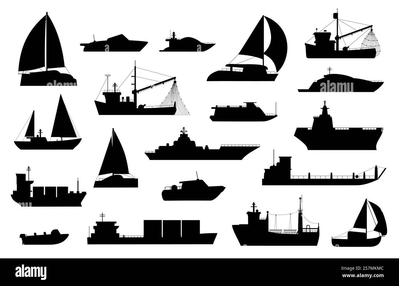 Silhouette de bateaux. Voiliers, barges, bateaux de pêche et de croisière, yachts de mer, passagers et icônes de navires de fret. Ensemble de vecteurs de logo de transport nautique. Expédition de bateaux industriels ou commerciaux. Silhouette de bateaux. Voiliers, barges, bateaux de pêche et de croisière, yachts de mer, passagers et icônes de navires de fret. Ensemble de vecteurs de logo de transport nautique Illustration de Vecteur