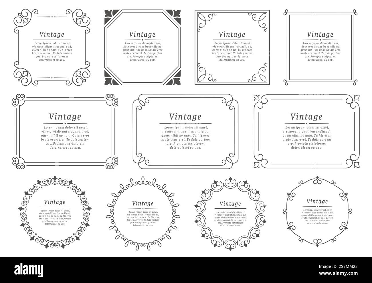 Bloc de texte royal dessiné à la main. Cadre graphique élégant rétro, bordure ornementale vintage et emblème de livre décoratif. Séparateur d'invitation victorienne d'anniversaire ou de mariage. Jeu d'icônes vectorielles isolées de certificat. Bloc de texte royal dessiné à la main. Cadre graphique élégant rétro, bordure ornementale vintage et ensemble de vecteur d'emblème de livre décoratif Illustration de Vecteur