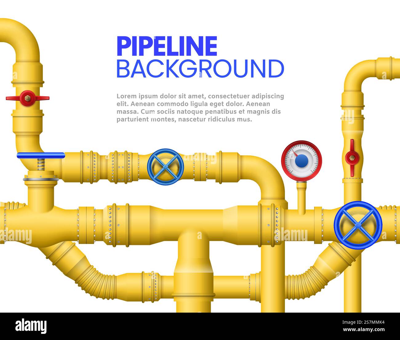 Banderole pour tuyaux de gaz industriels. Illustration vectorielle de pipeline jaune, de tuyaux de pétrole et de pipelines. Fond moderne ou modèle de conception de toile de fond avec système de plomberie - conduits métalliques, poignées rotatives, vannes.. Banderole pour tuyaux de gaz industriels. Illustration vectorielle de pipeline jaune, de tuyaux de pétrole et de pipelines Illustration de Vecteur