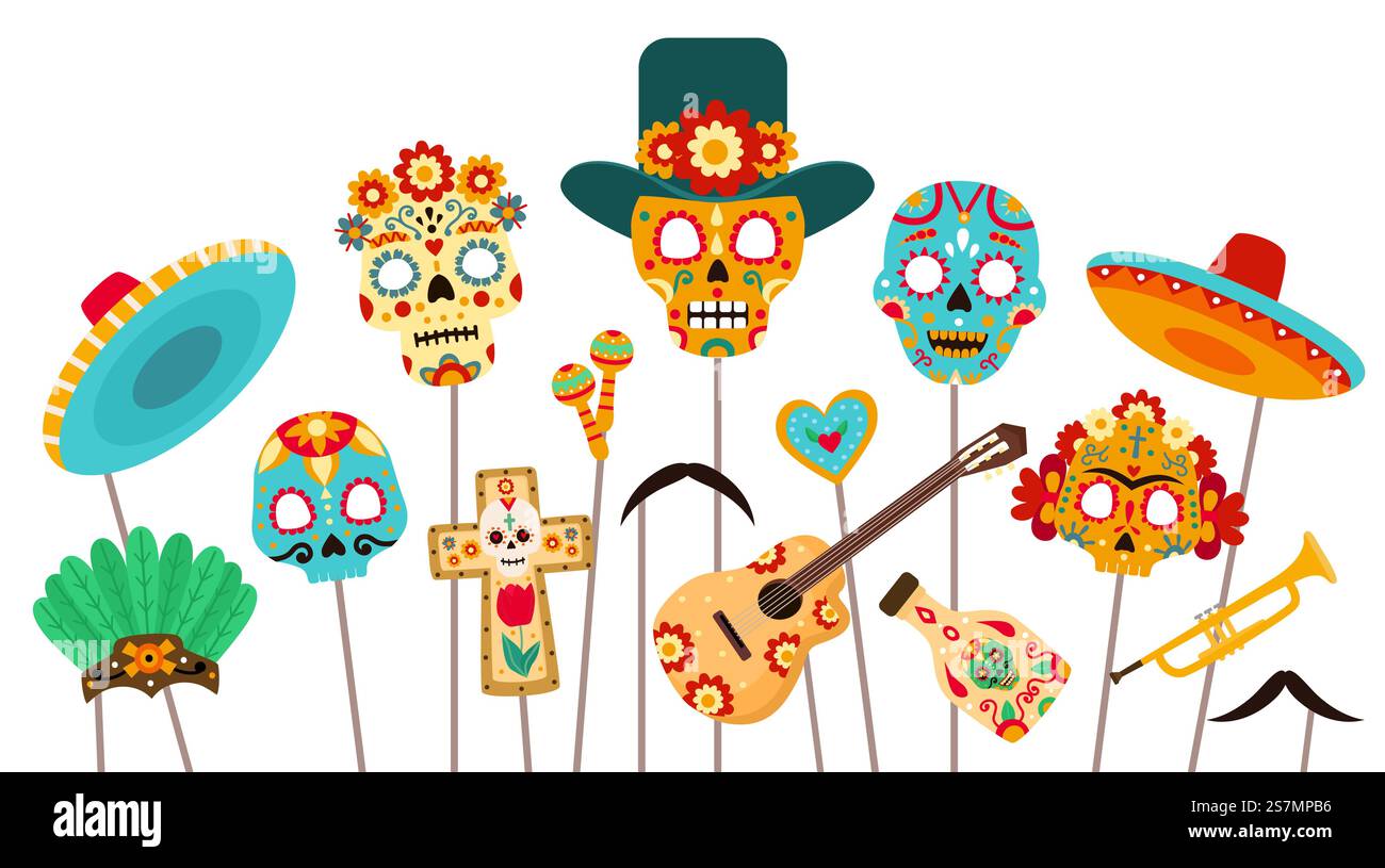 Stand photo mort de jour. Masques de crâne, sombrero et accessoires pour la partie Dia de los Muertos. Jeu de vecteur plat de décorations de vacances mexicaines d'halloween. Illustration stand accessoires partie pour la photo en chapeau mexicain. Stand photo mort de jour. Masques de crâne, sombrero et accessoires pour la partie Dia de los Muertos. Jeu de vecteur plat de décorations de vacances mexicaines d'halloween Illustration de Vecteur